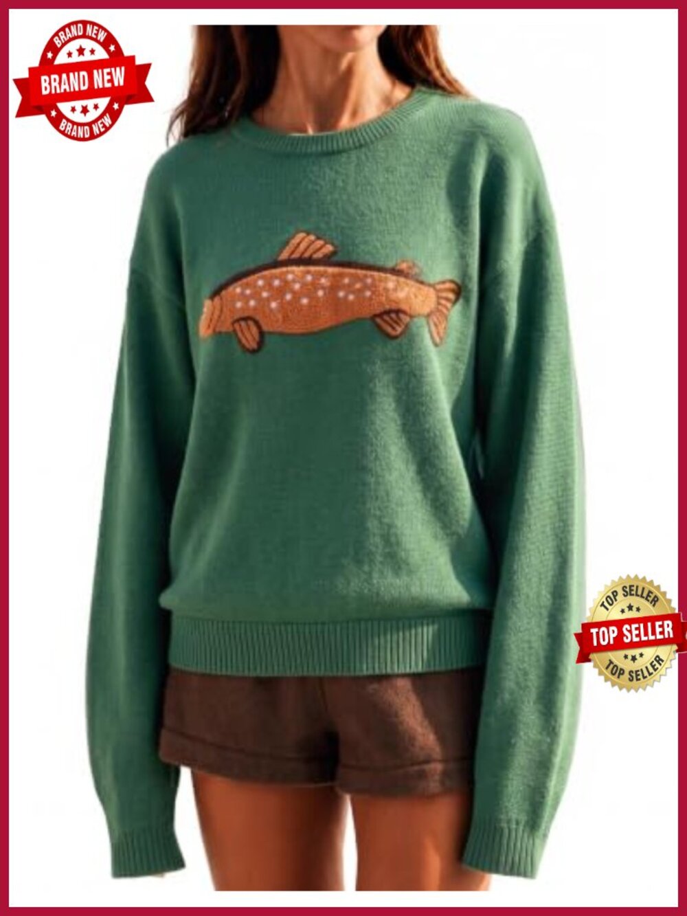 Oversized Fish Graphic Knit Crewneck Pullover Sweater Y2K Nautical Top